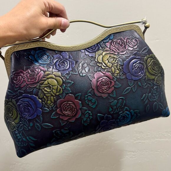 Unique Colorful Rose Embossed Cowhide Handmade Retro Style Kisslock Handbag - Picture 11 of 17